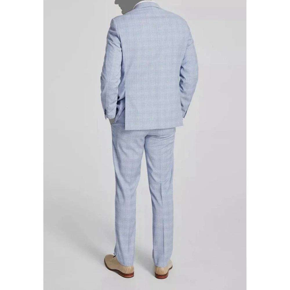 Alfani Men's Slim-Fit 2-pc Suit Jacket Stretch Plaid Size 38L Pants 30Wx30L Blue